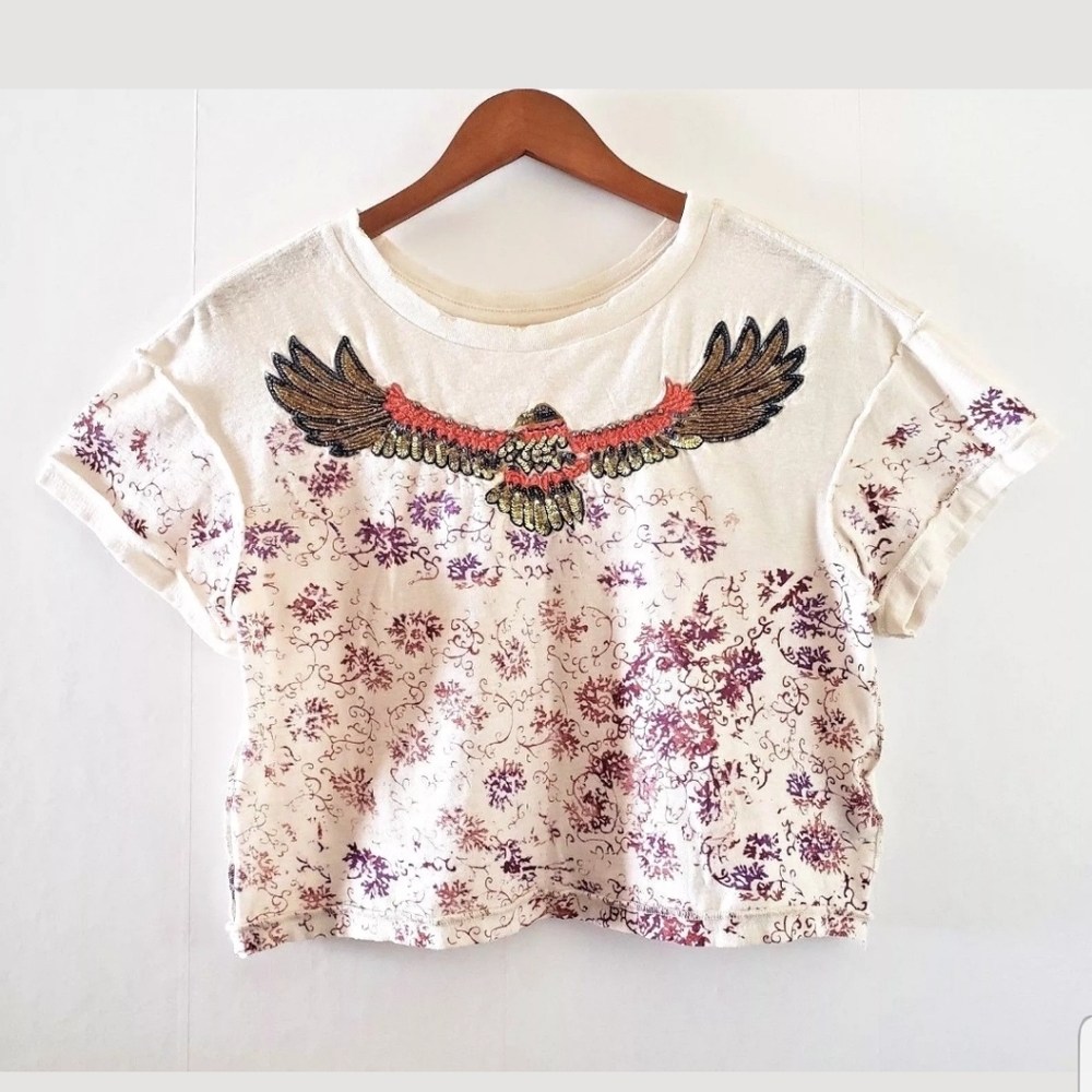 Free People White Crop Top with Embroidered Eagle - Picture 2 of 7